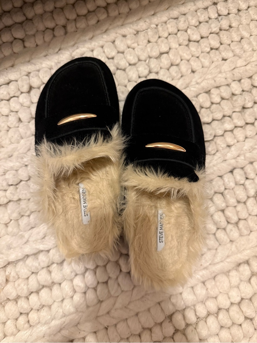 Steve Madden Black Faux-Suede Fur-Trim Mule with Gold Accent